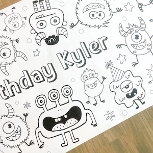 May include: A black and white coloring page featuring a variety of cartoon monsters. The page says "Birthday Kyler" at the top.