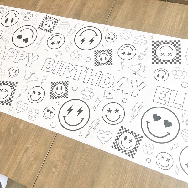 Smiley Face Coloring Table Runner, Happy Girl Birthday Coloring Page, Smiley Giant Coloring Poster, Coloring, Party Decorations, Smiley