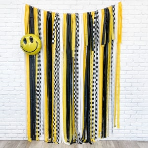 Smiley Fringe Backdrop, Streamer Backdrop, Bright Backdrop, Birthday Backdrop, Happy Dude Party,  Birthday Party, Smiley Face Backdrop,