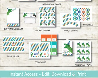 Dinosaur Birthday Party Pack, Editable Dino Party, Instant Download, Party Printables, Edit with Corjl, Dinosaur Supplies