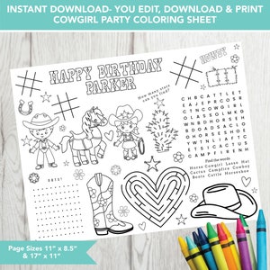 Editable Cowgirl Party Placemat, Printable Birthday Coloring Page,  Cowgirl Birthday Party Activity Sheet, Kids Coloring Page Printable File
