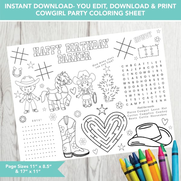 Editable Cowgirl Party Placemat, Printable Birthday Coloring Page,  Cowgirl Birthday Party Activity Sheet, Kids Coloring Page Printable File