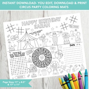 Editable Circus Party Sheet, Printable Birthday Coloring Page, Circus Activity Sheet, Kids Coloring Page Printable, Circus Place Mat, Circus