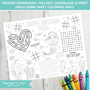 Editable Mermaid Party Mat, Printable Birthday Coloring Page, Mermaid Activity Sheet, Kids Coloring Page Printable, Mermaid Coloring Sheet