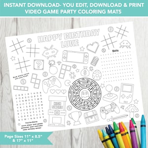 Editable Video Game Party Sheet, Printable Birthday Coloring Page, Video Game Activity Sheet, Kids Coloring Page Printable, Video Game Party