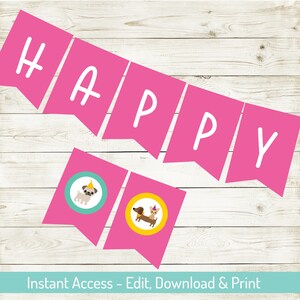 Puppy Happy Birthday Banner, Editable Banner, Printable, Puppy Party, Dog Party Supplies, Personalize with Corjl, Dog Party, Girl Birthday