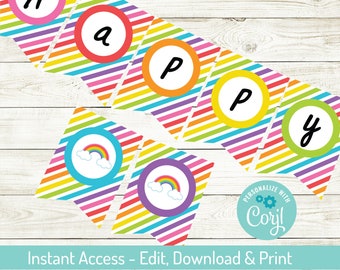 May include: A printable rainbow banner with the word "Happy" in colourful circles. The banner is designed for personalisation with the text "Personalize with Coril".