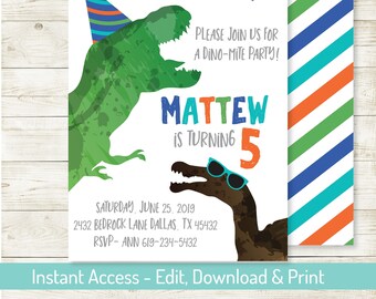Dinosaur Party Invitation, Editable Dino 5x7 Invite, Dinosaur Party, Dino Party Supplies, Personalize with Corjl, Dino Supplies
