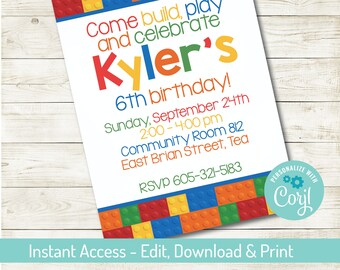 Building Block Party Invitation, Editable Block 5x7 Invite, Building Block Party Printable, Personalize with Corjl