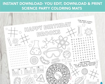 Editable Science Party Mat, Printable Birthday Coloring Page, Science Activity Sheet, Kids Coloring Page Printable File, Science Party