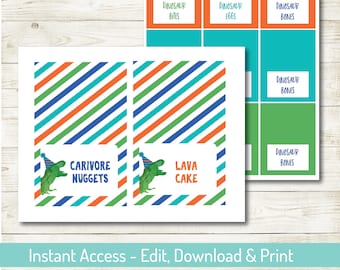 Dinosaur Party Food Cards, EDITABLE, Dino Birthday Party, Dinosaur Party, Instant Download, Printable, Personalize with Corjl