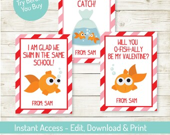 Goldfish Valentine's Day Editable Card, Valentine Party, Valentine's Card, Goldfish Card, Instant Download, Printable, Valentine's Day Favor