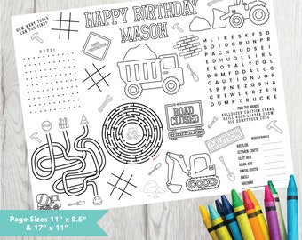 Editable Construction Party Mat, Printable Birthday Coloring Page, Construction Activity Sheet, Kids Coloring Page Printable File, Trucks