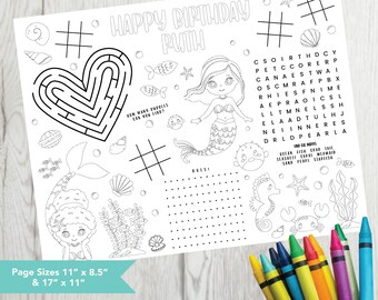 Editable Mermaid Party Mat, Printable Birthday Coloring Page, Mermaid Activity Sheet, Kids Coloring Page Printable, Mermaid Coloring Sheet