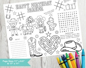 Editable Cowgirl Party Placemat, Printable Birthday Coloring Page,  Cowgirl Birthday Party Activity Sheet, Kids Coloring Page Printable File