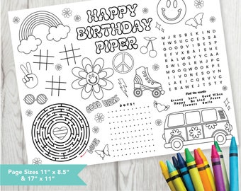 Editable Groovy Party Placemat, Printable Birthday Coloring Page,  Retro Birthday Party Activity Sheet, Kids Coloring Page Printable File