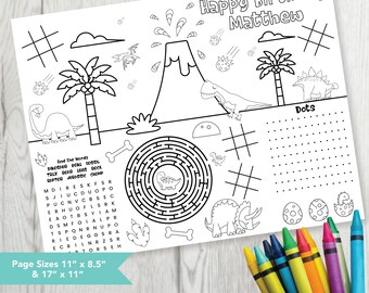 Editable Dinosaur Party Mat, Printable Birthday Coloring Page, Dino Birthday Party Activity Sheet, Kids Coloring Page Printable File, Dino