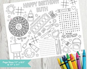 May include: A black and white printable coloring page with the words "Happy Birthday Ruth" at the top. The page features a maze, a paint palette, scissors, glue, a paintbrush, a paint tube, a paint bucket, and a pencil. The page is designed for an art party.