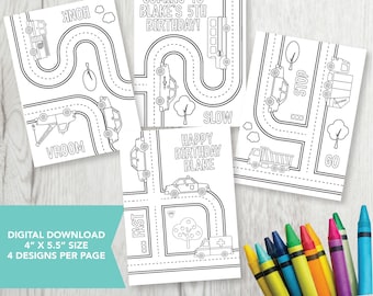 May include: Four black and white colouring pages featuring a car theme. Each page has a different design with a car, truck, or ambulance driving on a road. The text on the pages includes "Thanks for coming to Blake's 5th birthday!" and "Happy birthday Blake".