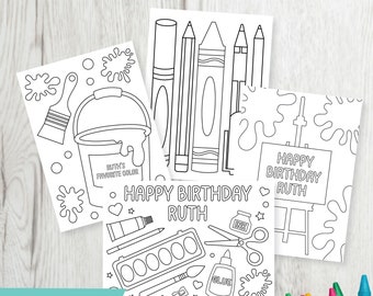 May include: Four printable coloring pages featuring art supplies and the text "Happy Birthday Ruth". The pages include a paint bucket, paintbrushes, crayons, scissors, glue, a paint palette, and an easel.