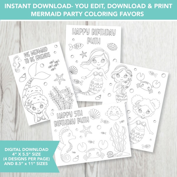 Editable Mermaid Coloring Party Favors, Mermaid Birthday Party, Printable, Mermaid Birthday Party, Coloring Favor, Digital Download, Mermaid