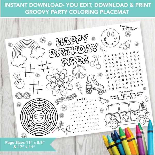 Editable Groovy Party Placemat, Printable Birthday Coloring Page,  Retro Birthday Party Activity Sheet, Kids Coloring Page Printable File