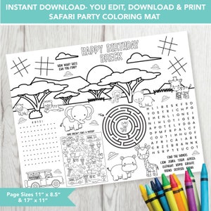 Editable Safari Party Mat, Printable Birthday Coloring Page, Safari Activity Sheet, Kids Coloring Page Printable File, Jungle Coloring,