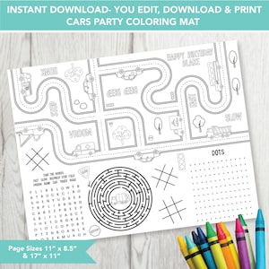 Editable Cars Party Mat, Printable Birthday Coloring Page, Cars Activity Sheet, Kids Coloring Page Printable File, Cars and Roads, Coloring