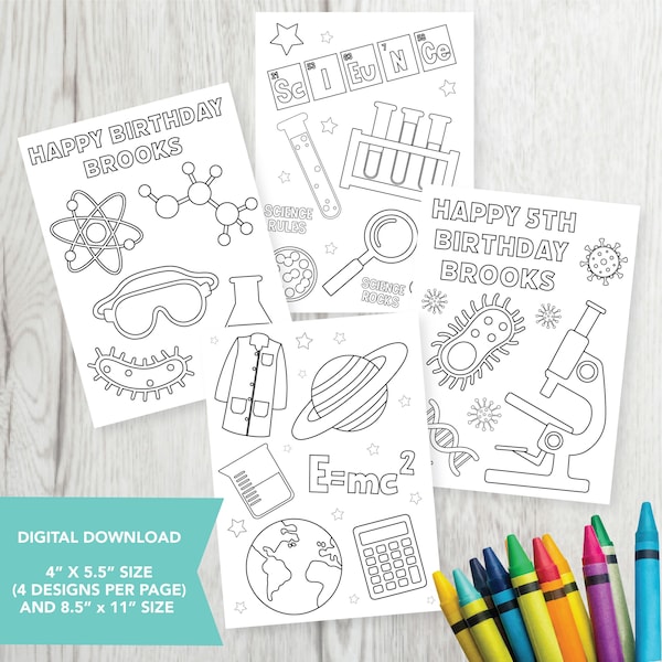 Editable  Science Coloring Party Favors, Science Birthday Party, Printable, Science Birthday Party, Coloring Favor, Digital Download,Dog