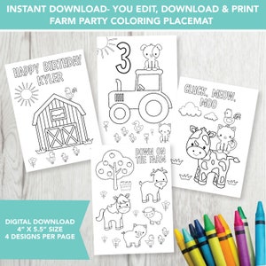 Editable Farm Coloring Party Favors, Farm Birthday Party, Printable, Barn Birthday Party, Coloring Favor, Farm Favor, Digital Download