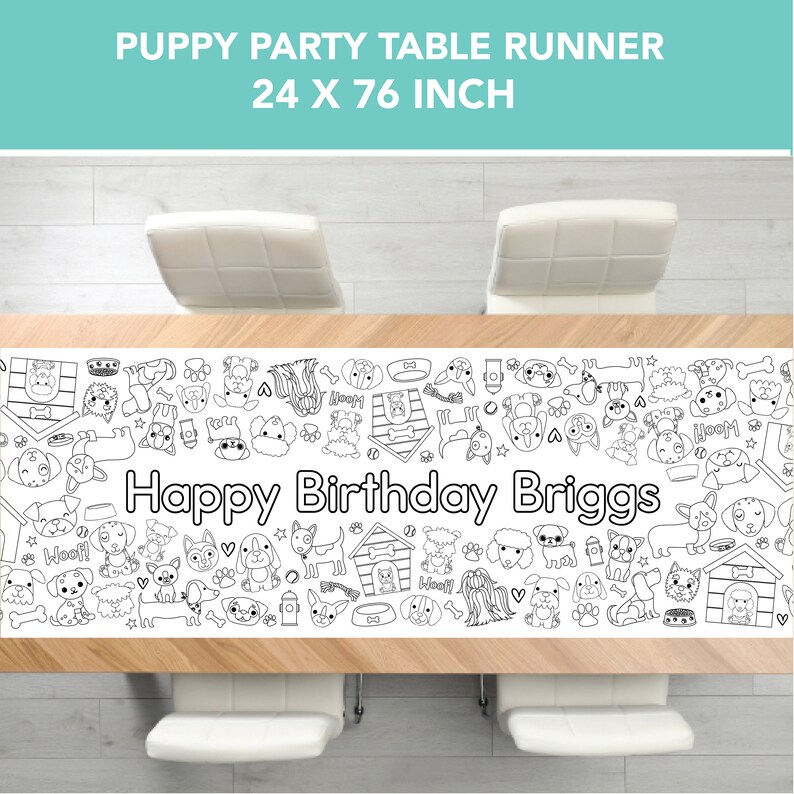 Pu&ograve; includere: Tovaglia da tavolo in bianco e nero con tema festa di cuccioli. La tovaglia presenta una variet&agrave; di razze di cani, ossa, cucce per cani e il testo "Happy Birthday Briggs". La tovaglia &egrave; larga 61 cm e lunga 193 cm.