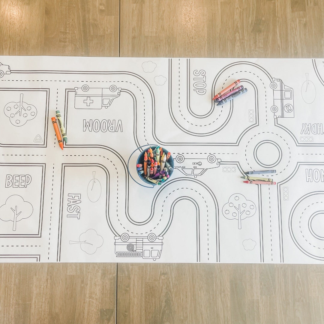 Cars and Trucks Coloring Table Runner, Transportation Birthday Coloring