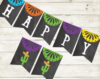 Fiesta Chalkboard Happy Birthday Banner,  Cactus Happy Birthday Party, Cinco de Mayo Party, Instant Download,Printable, Digital