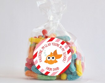 Goldfish School Valentine Stickers, Personalized Valentine Stickers, Valentine Favor Stickers 2.5", Valentine Favor Stickers and Treat Bags