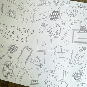 Black and white line art coloring page featuring various sports equipment and the words "Game Day" and "Go Team".