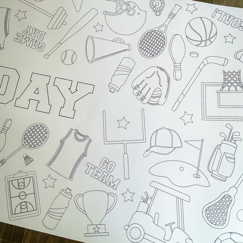 Black and white line art coloring page featuring various sports equipment and the words "Game Day" and "Go Team".