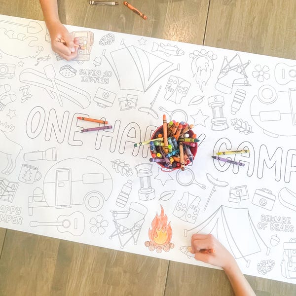 Camping Coloring Table Runner, One Happy Camper Themed Birthday, Coloring Page, Giant Coloring Poster, Coloring Sheet, Camping Table Runner