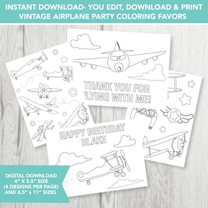 Editable Vintage Airplane Coloring Party Favors, Airplane Birthday Party, Printable, Plane Birthday Party, Coloring Favor, Digital Download