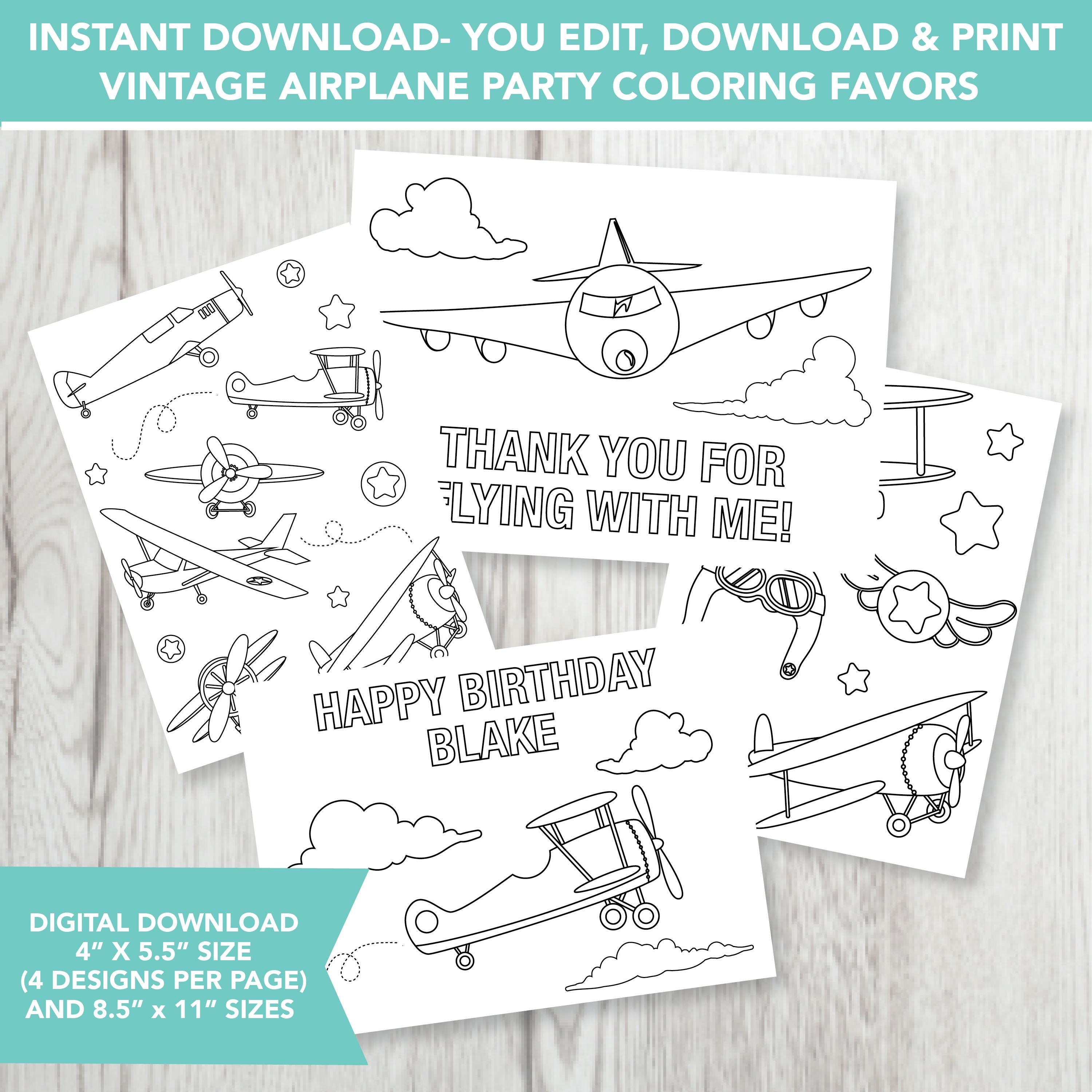 Editable Vintage Airplane Coloring Party Favors, Airplane Birthday Party, Printable, Plane Birthday Party, Coloring Favor, Digital Download