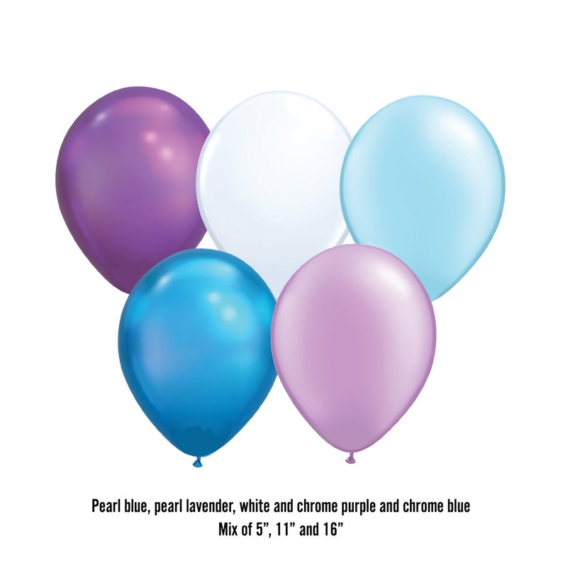 May include: A set of five balloons in pearl blue, pearl lavender, white, chrome purple, and chrome blue. The balloons are in a mix of 5, 11, and 16 inches.