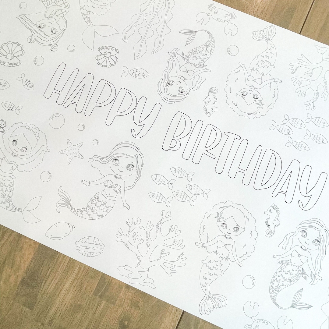 Mermaid Coloring Table Runner, Mermaid Birthday Coloring Page, Mermaid ...