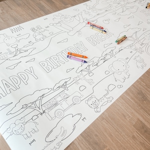 May include: A white coloring page with a safari theme. The page features a jeep, animals, and the text "Happy Birthday Breck".