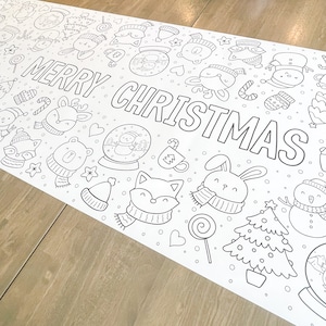 May include: A black and white colouring page featuring a Christmas theme with the text "Merry Christmas". The page includes illustrations of animals, snowmen, candy canes, and a Christmas tree.