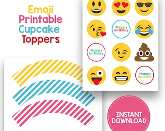 Emoji Party 2" Cupcake Toppers, Emoji Happy Birthday Party, Emoji Toppers, Instant Download,Printable, Digital