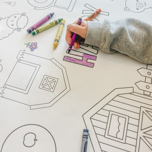 May include: A child's hand colours the letter 'H' in purple on a white colouring page with a barn, a fence, a pig, and a sheep. The page is surrounded by crayons.