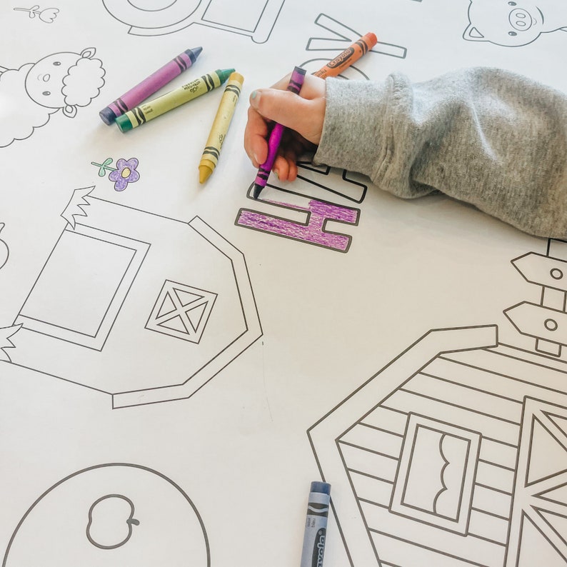 May include: A child's hand colours the letter 'H' in purple on a white colouring page with a barn, a fence, a pig, and a sheep. The page is surrounded by crayons.