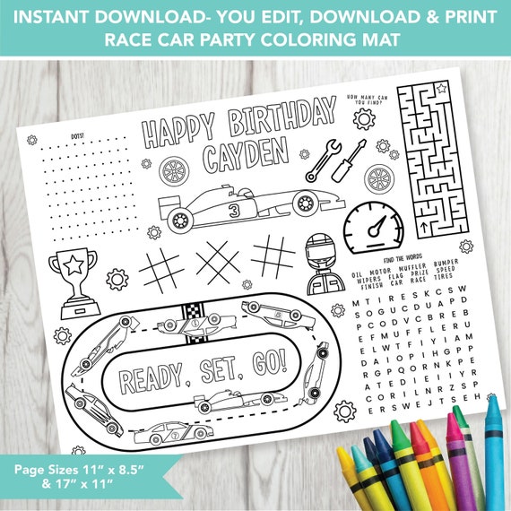 Editable Race Car Party Mat, Printable Birthday Coloring Page, Race Car Birthday Party Activity Sheet, Kids Coloring Page Printable File