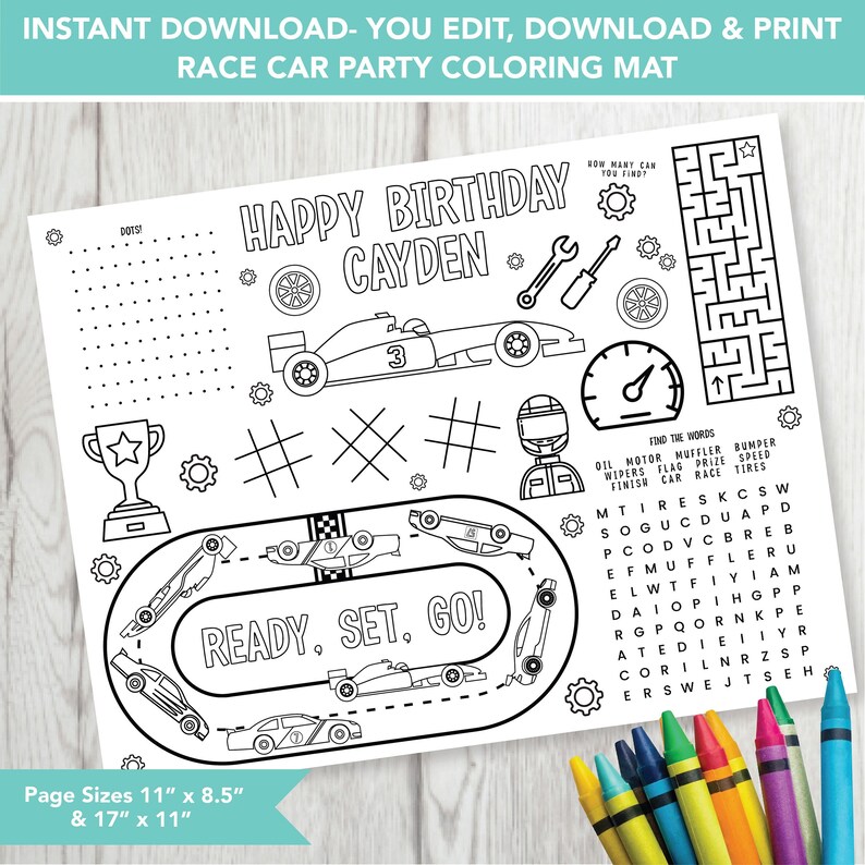 Editable Race Car Party Mat, Printable Birthday Coloring Page, Race Car Birthday Party Activity Sheet, Kids Coloring Page Printable File image 1