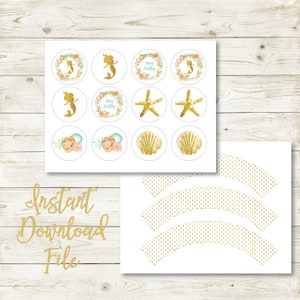 Golden Mermaid Cupcake Toppers, Custom Mermaid Cupcake, Mermaid Party, Personalized, Printable, Digital, Mermaid Party Supplies