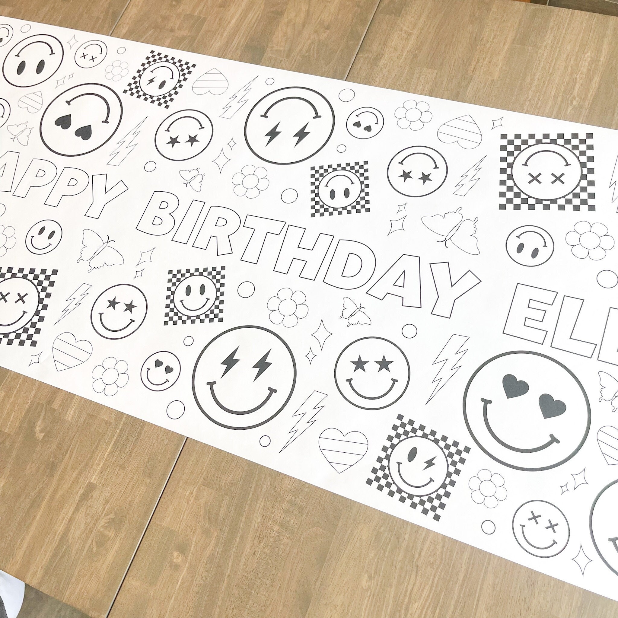 Smiley Face Coloring Table Runner, Happy Girl Birthday Coloring Page, Smiley Giant Coloring Poster, Coloring, Party Decorations, Smiley